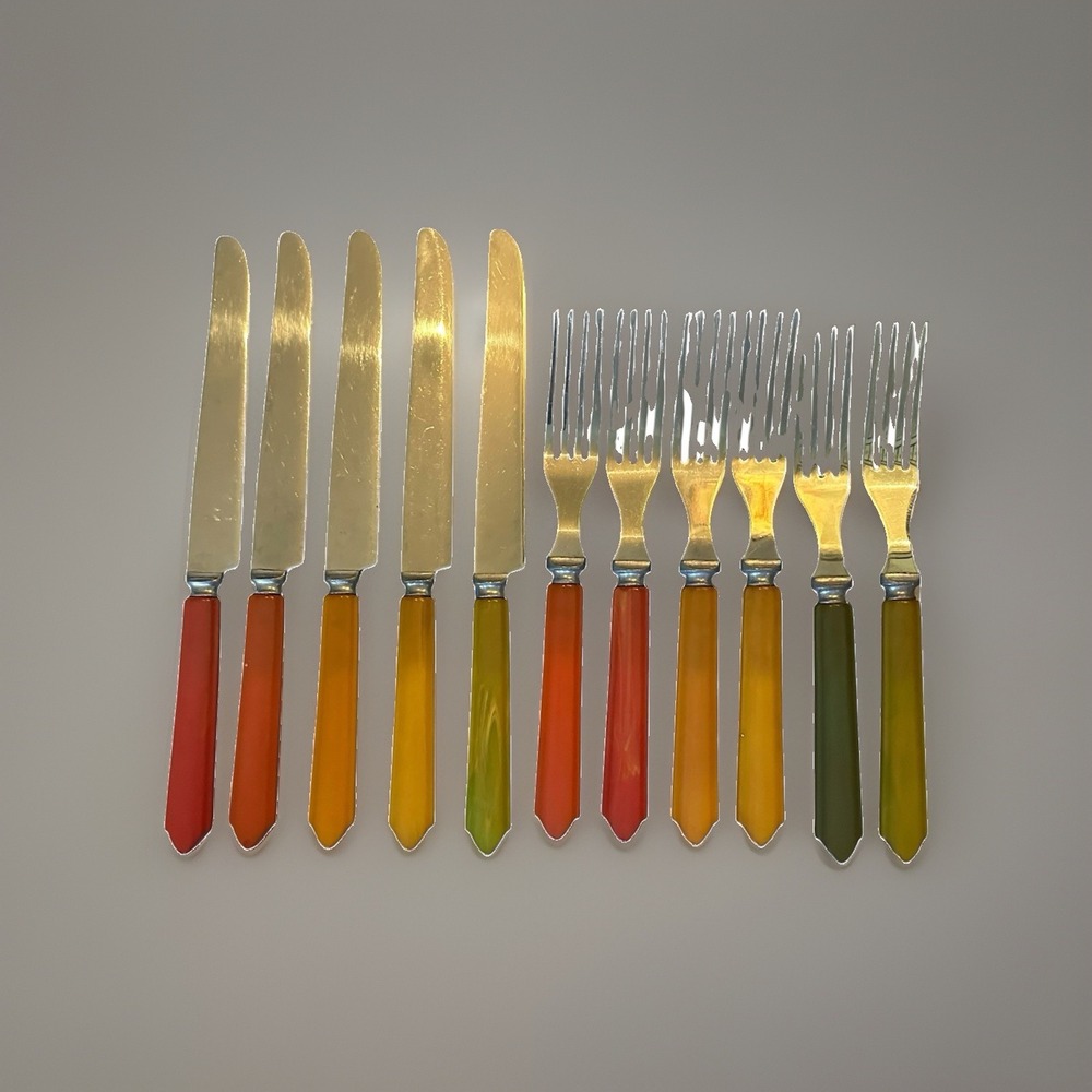 Robinson Knife Co. Multicolor Bakelite Stainless Flatware 5 Knives & 6 Forks EUC